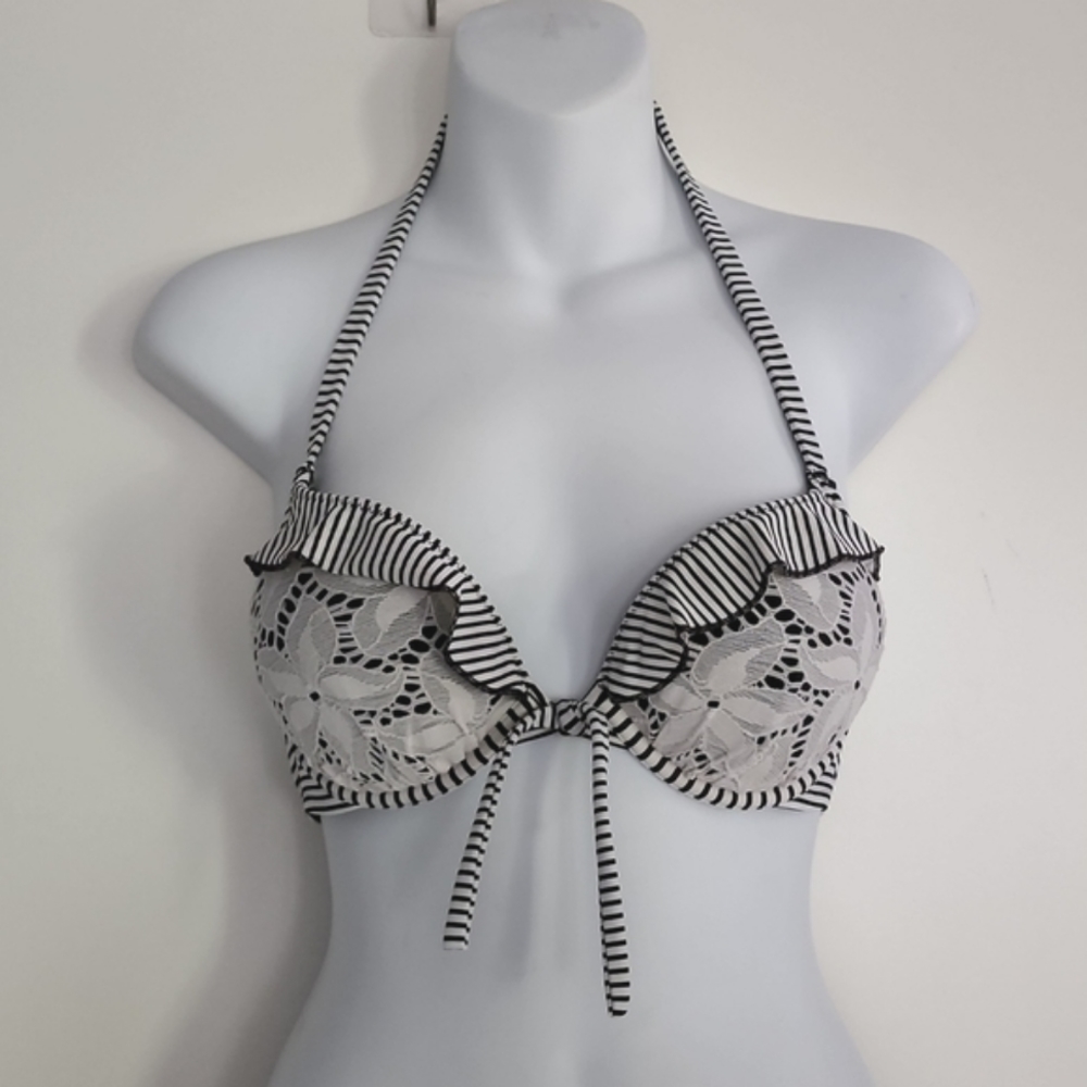 Victoria's Secret Floral Eyelet Bombshell Push Up Halter Bikini Top Stripes 32B - Picture 9 of 11
